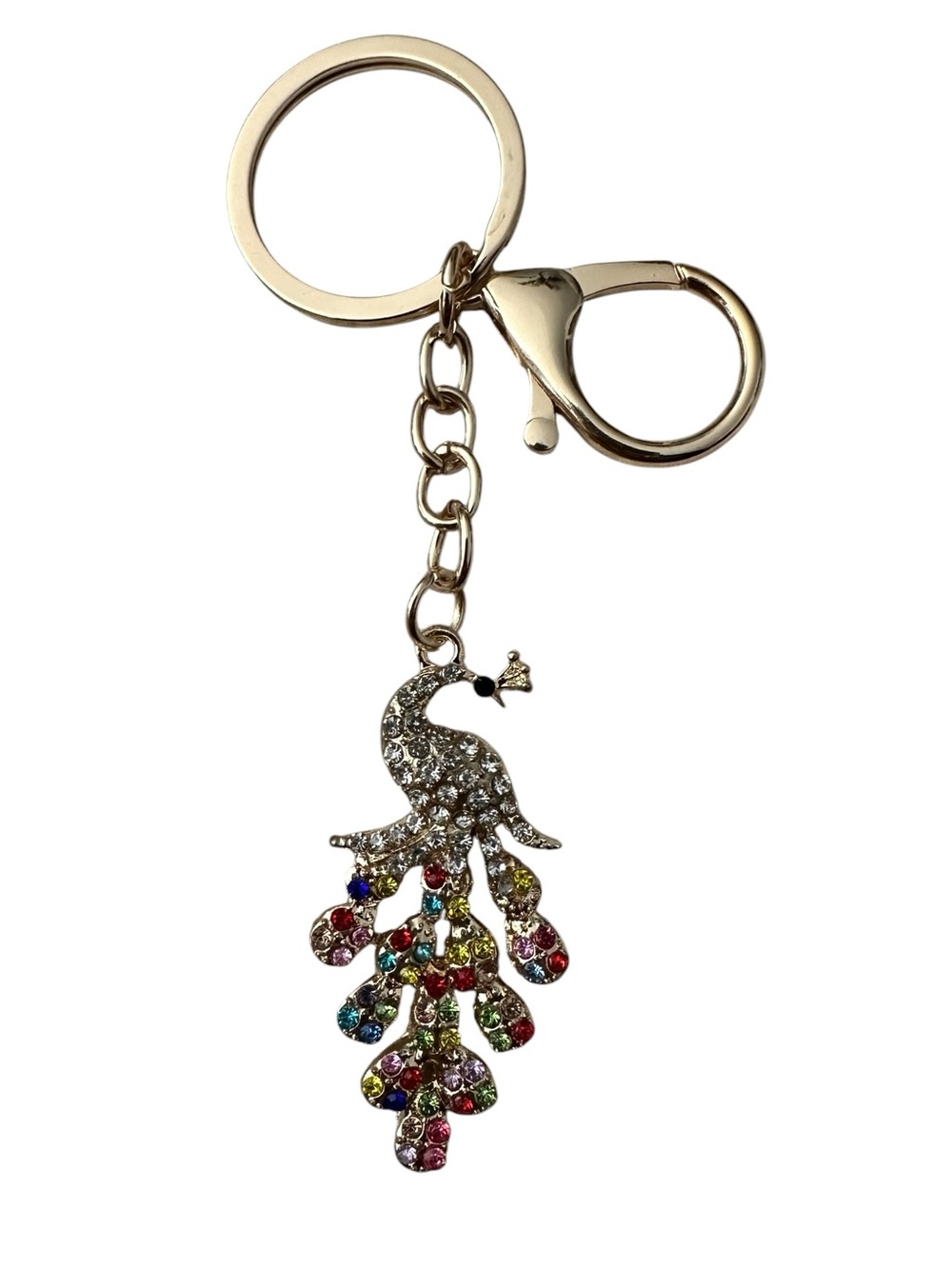 Gold Tone Multi Color Rhinestone Peacock Keychain Charm Luxury Bag Charm 4”x1” - Picture 2 of 3